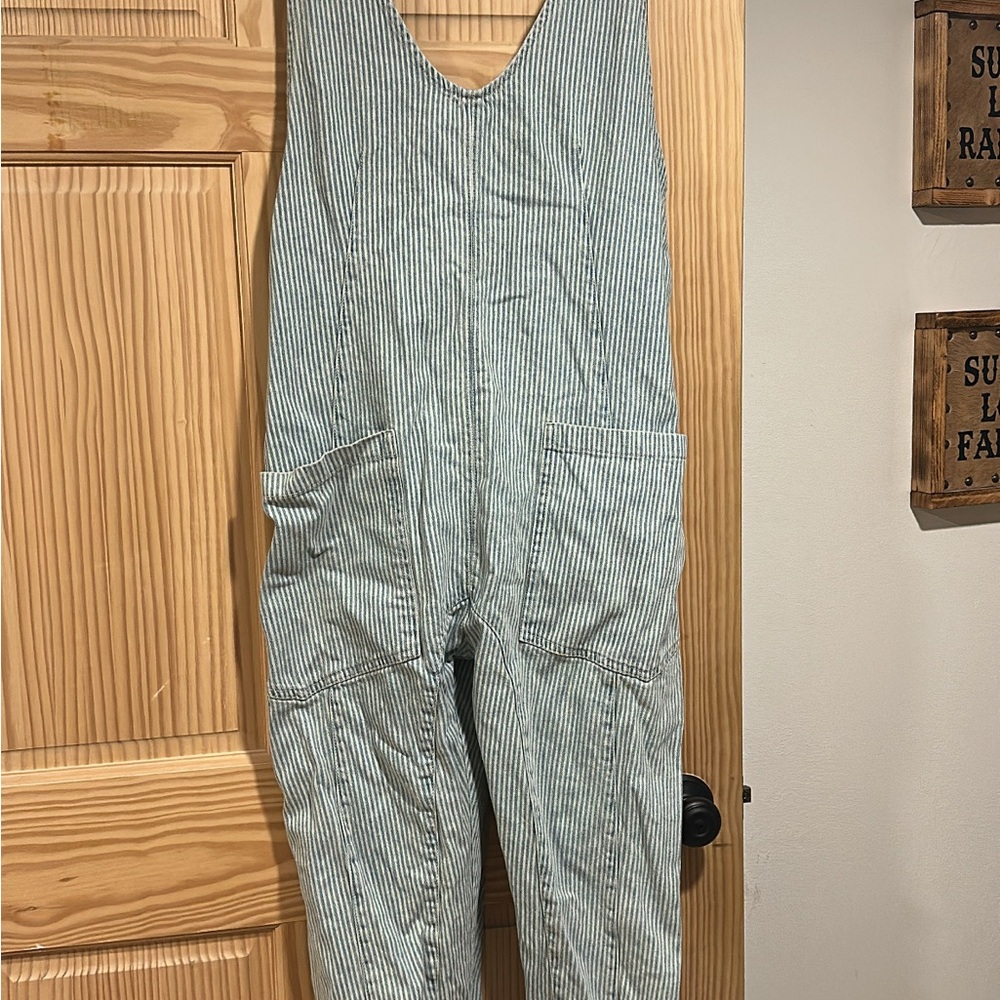We The Free Striped V‑Neck Utility Jumpsuit in Light Blue and White